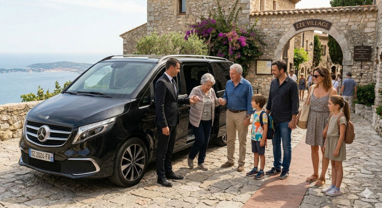 Tour et excursion à Èze Village sur la Côte d'Azur en Mercedes Classe V noire avec chauffeur privé - Transfer by Cab